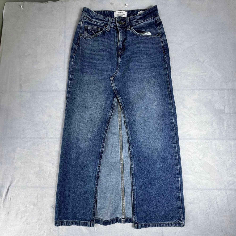 Cotton On Womens Bailey Denim Maxi Skirt Front Slit Blue Whisker 5-Pockets 2